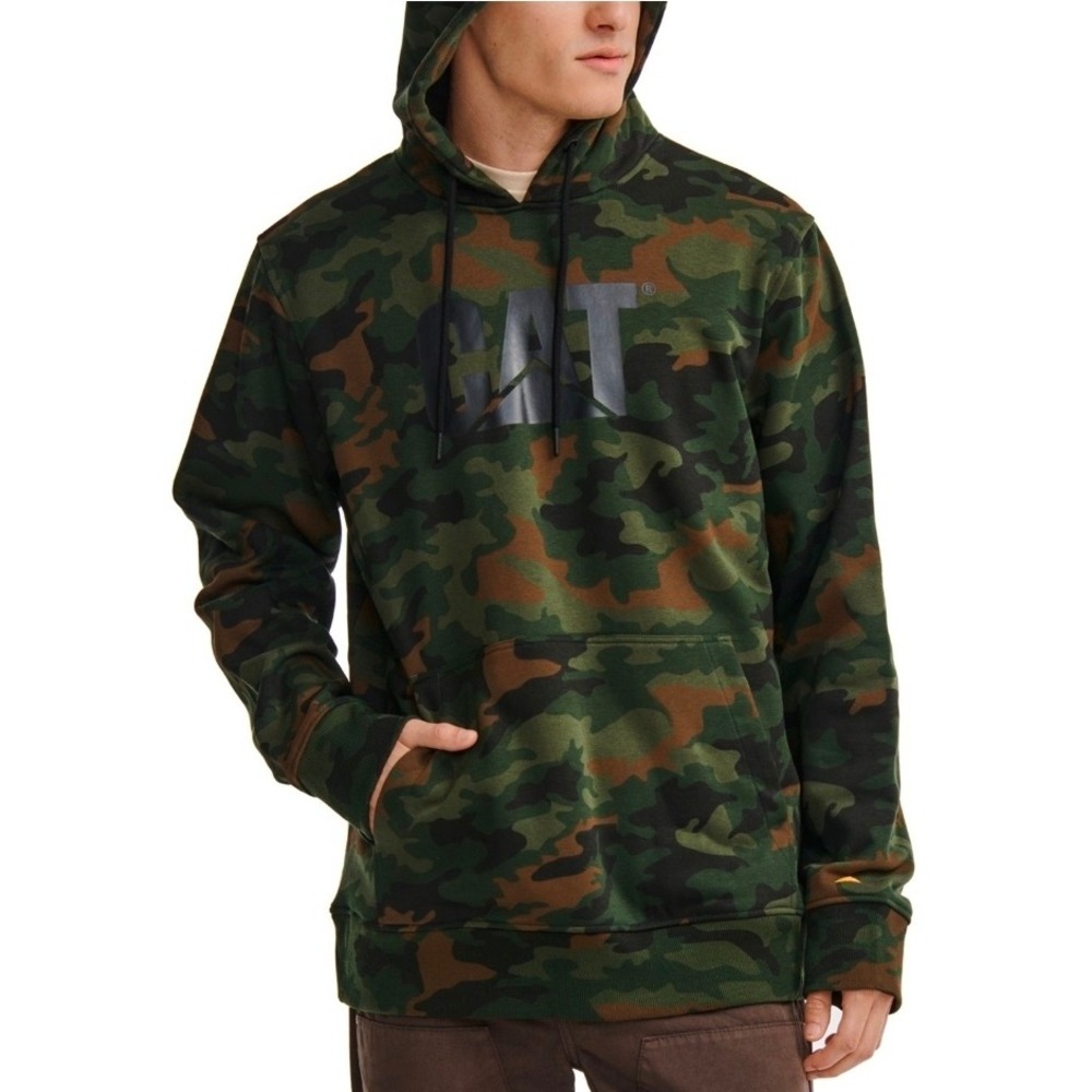 Caterpillar Men Deep Woodland Camo Fleece Pullover Hoodie CAT Streetwear Utility